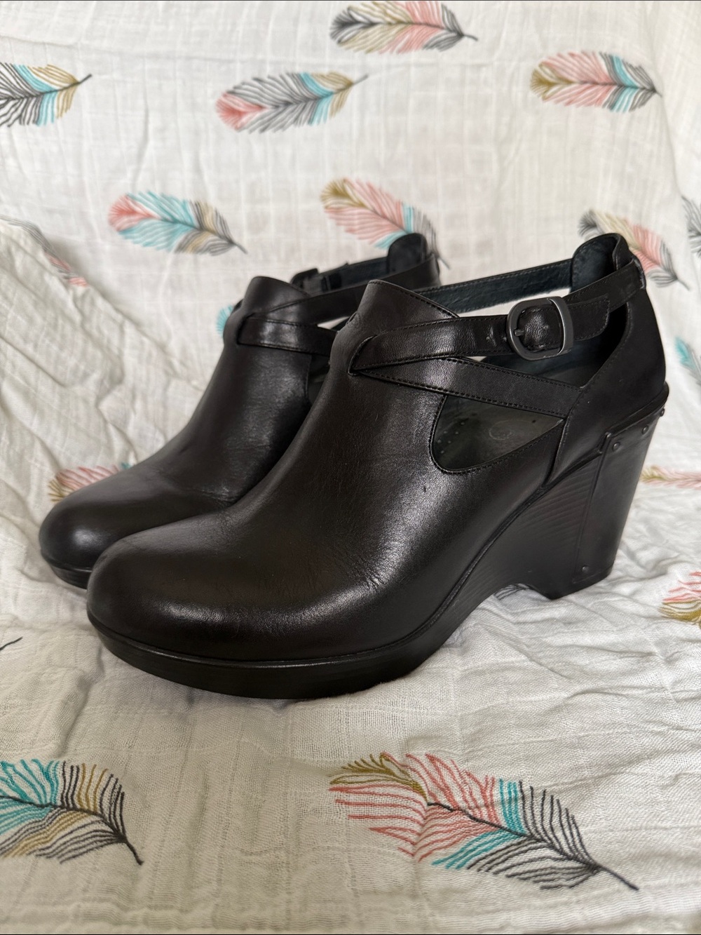 Dansko Franka Black Leather Women’s Wedge Shoe with Ankle Strap